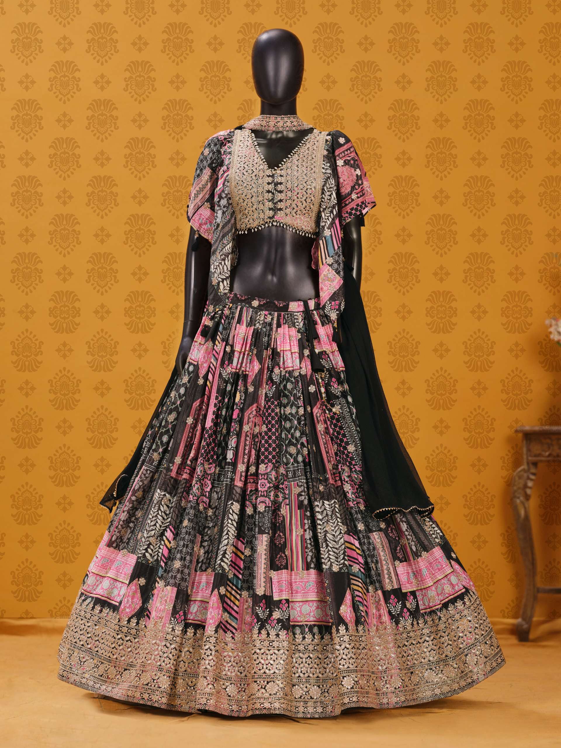 Black Multicolor in Chinnon Silk Royal and Heritage fabric Lehenga Choli wholesale in surat 7050 Black 